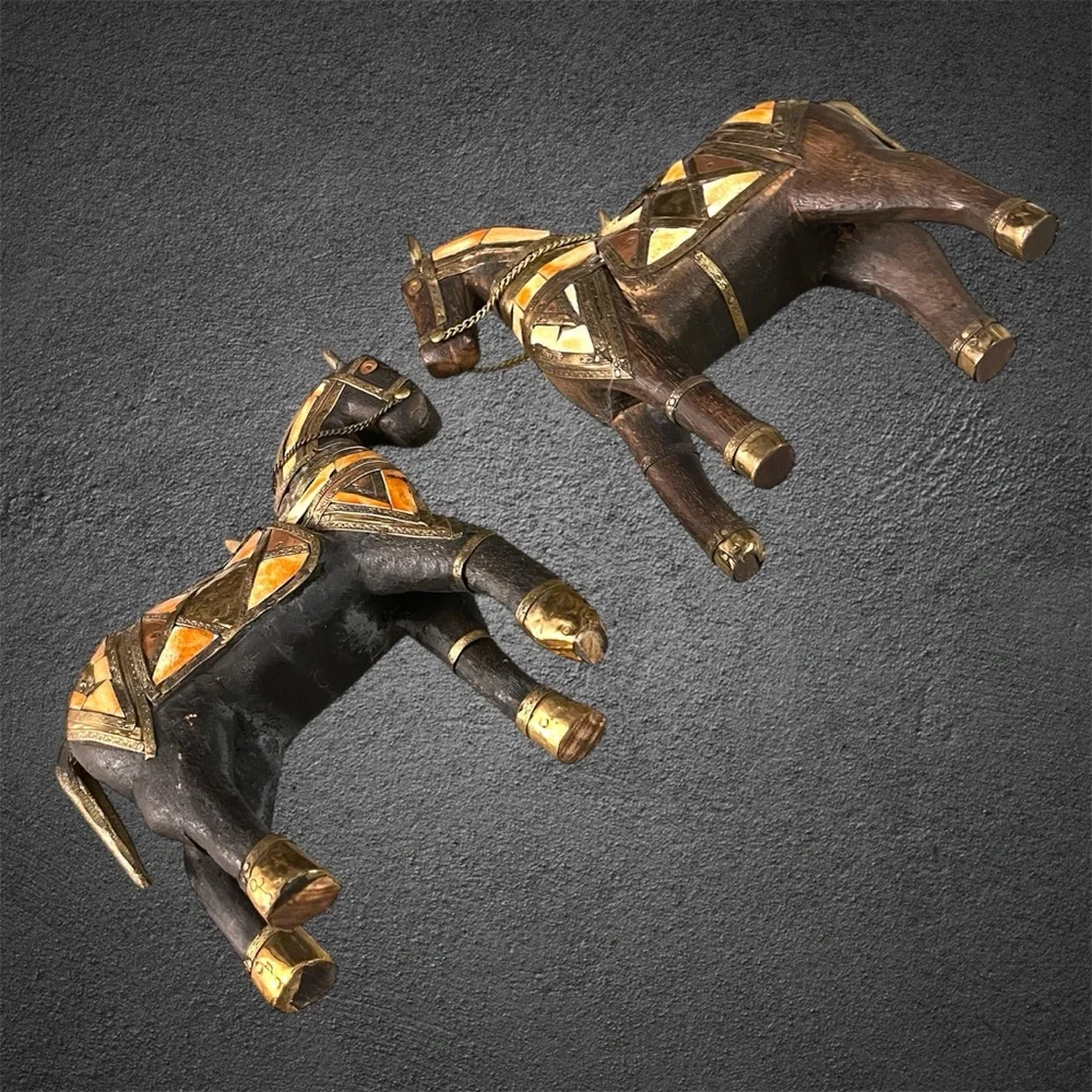 Pier 1 Egyptian War Horses Whittled From Black Wood w Copper, Brass & Seashells